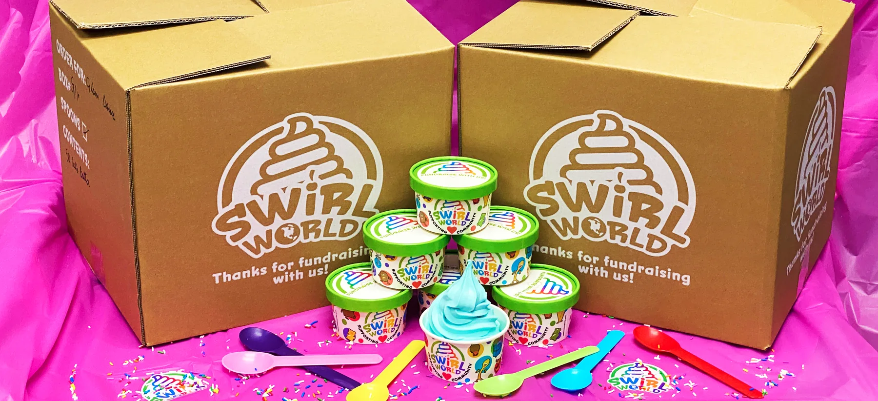 Sealed 5oz fundraising cups stacked in front of packed Swirl World boxes