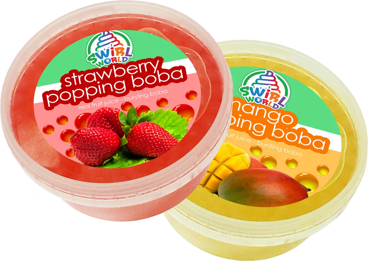 Two 6oz Swirl World boba packs — strawberry and mango popping boba