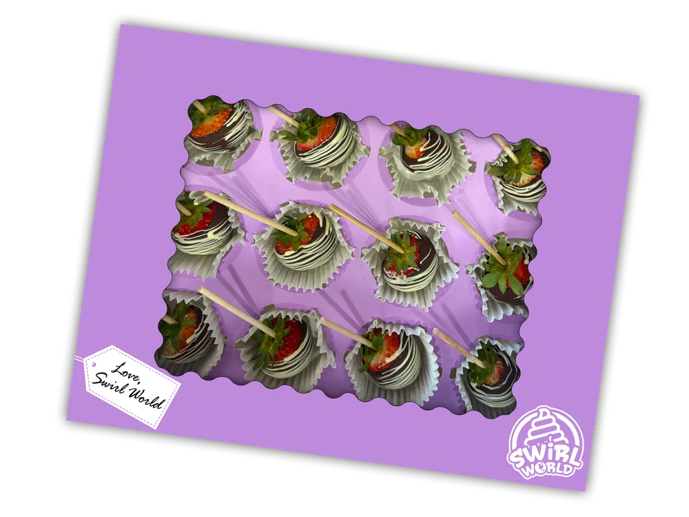A dozen chocolate-dipped Swirlberries in a lilac gift box